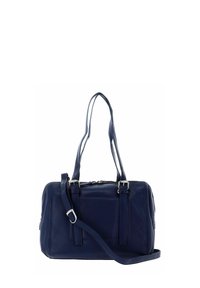 Sac à main en cuir bleu marine avec doubles poignées et une bandoulière réglable. Il dispose d'une fermeture éclair et de poches latérales pour un rangement supplémentaire.