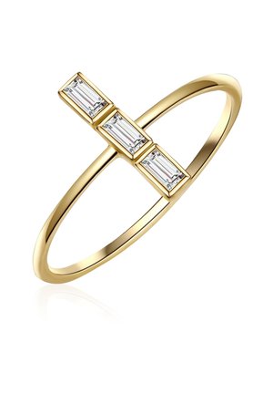 Auksinis žiedas su trimis stačiakampio formos skaidriais akmenimis, išdėstytais kryžiaus raštu, su lygiu, plonu atvartu ir poliruotu paviršiumi.