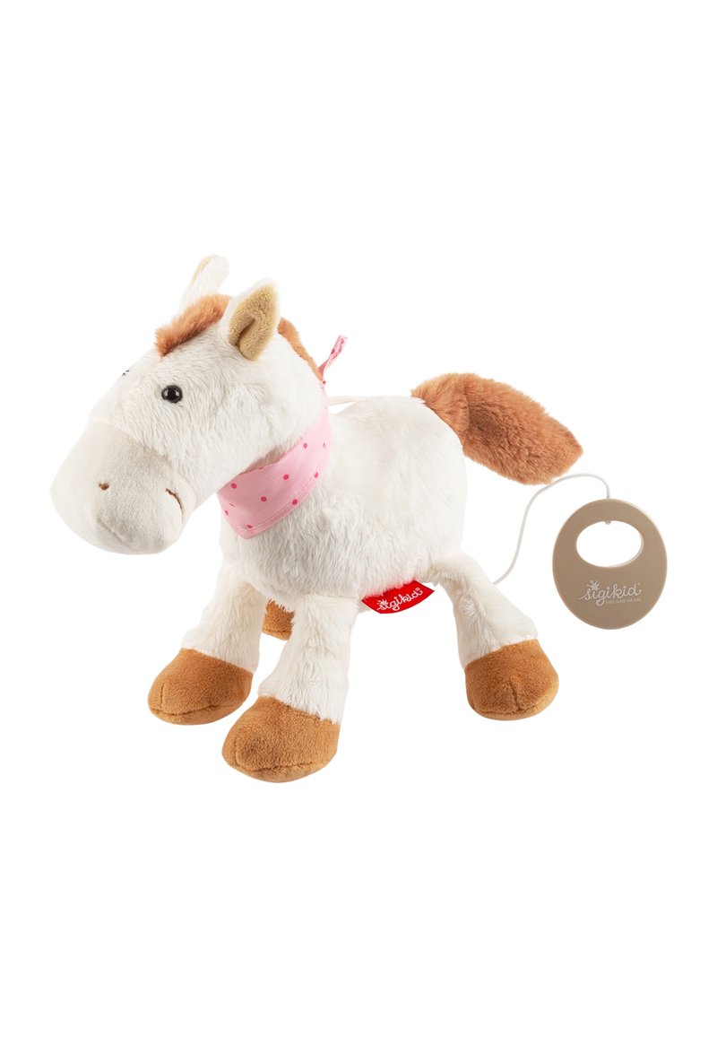 Cavallo di peluche bianco con zoccoli e criniera marroni, con una sciarpa a pois rosa. Include un'etichetta con un logo attaccata da un filo.