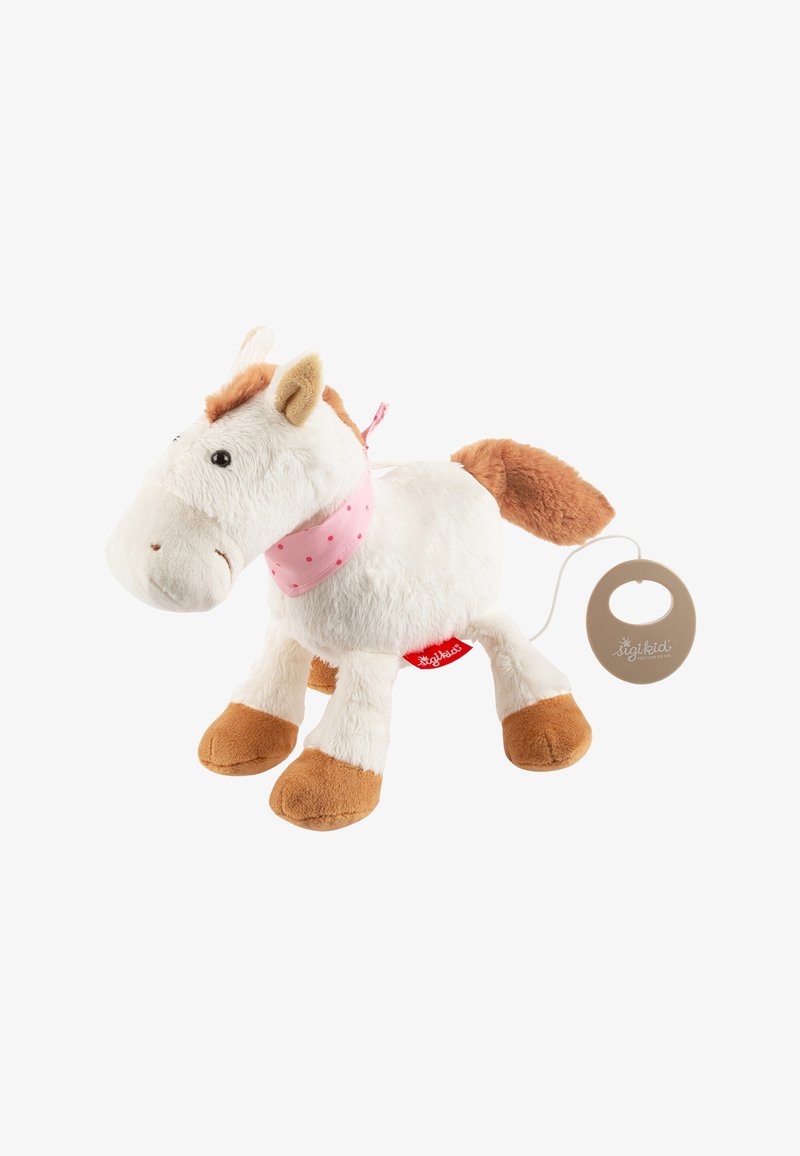 Cavallo di peluche bianco con zoccoli e criniera marroni, con una sciarpa a pois rosa. Include un'etichetta con un logo attaccata da un filo.