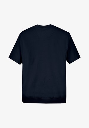 Marineblaue Baumwoll-T-Shirt mit kurzen Ärmeln, Rundhalsausschnitt und lockerer Passform. Glatte Textur und keine sichtbaren Logos oder Muster.
