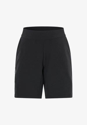 Mustad mustatlased lühikesed püksid elastse vöökoha, sileda tekstuuri ja külje logo detailiga. Keskmise reie pikkuse ja lihtsa disainiga.