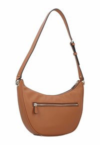 Borsa a spalla in pelle marrone con forma curvata, tracolla regolabile e tasca con zip frontale. Presenta una superficie texturizzata e dettagli in metallo argentato.