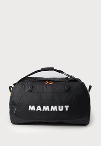 Black duffel bag with a large white brand logo, featuring orange zipper pulls, adjustable straps, and a textured fabric surface.