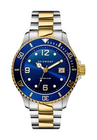 Stålur med blå skive, gylne detaljer og safirglass. Har lysende timemarkører, datovisning og roterende bezel.