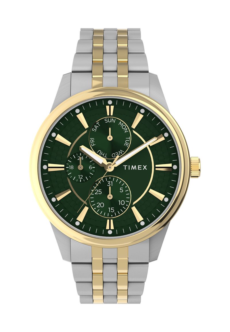 Timex watch with a green dial, gold and silver stainless steel case, three sub-dials, gold hour markers, and a textured background.