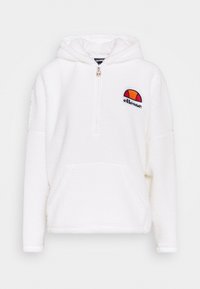 White fleece pullover hoodie featuring a half-zip front, oversized fit, kangaroo pocket, and an embroidered multicolored logo on the chest.