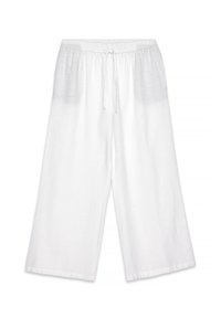 Witte linnen broek met een relaxte pasvorm, voorzien van een elastische tailleband en trekkoord, en wijde benen voor comfort. Geen zichtbare patronen.