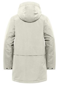 Parka imperméable gris clair avec capuche, dotée d'une fermeture éclair et de boutons-pression, texture douce et design mi-long pour une protection accrue.