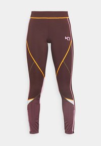 Collant in tessuto elastico di colore marrone scuro con accenti in rosa, arancione e verde; presentano un'alta vita e un logo vicino all'anca.