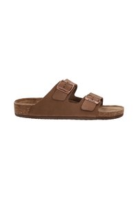 Braune Wildleder-Sandale mit zwei verstellbaren Riemen, Korkfußbett und flacher Sohle. Mit Metall-Schnallen und einer strukturierten Einlegesohle für zusätzlichen Komfort.