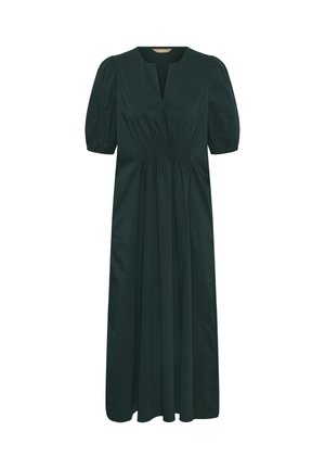 Rochie verde închis, de lungime medie, cu mâneci bufante, decolteu în V și talie cu smocuri, confecționată dintr-un material neted, cu o ușoară strălucire.