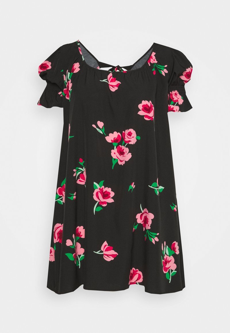 Robe noire à manches courtes avec imprimé floral rose et vert et manches froncées, avec un petit lien à nouer dans le dos au niveau de l'encolure.