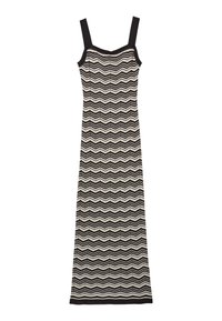 Abito a zigzag bianco e nero con scollatura quadrata, spalline larghe e design lungo e aderente. Realizzato in tessuto elastico e testurizzato.