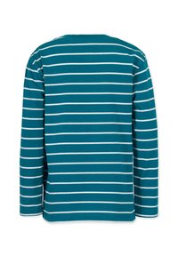 Pitkähihaisen teepaidan teal väri valkoisilla vaakasuorilla raidoilla. Pehmeä puuvillakangas, pyöreä kaula-aukko ja suora helma.