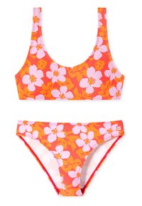 Blühendes Bikini-Set mit floralem Muster, das große rosa und orange Blumen auf einem leuchtend orangefarbenen Hintergrund zeigt. Glattes, dehnbares Material.