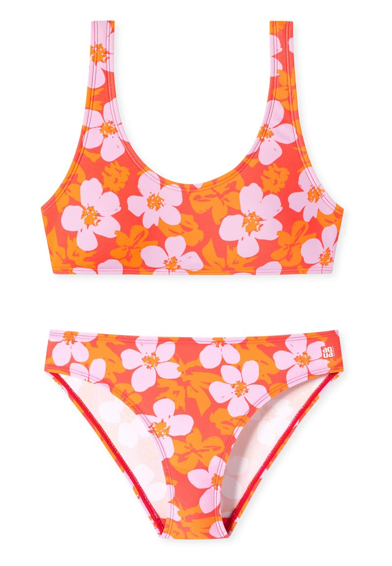 Blühendes Bikini-Set mit floralem Muster, das große rosa und orange Blumen auf einem leuchtend orangefarbenen Hintergrund zeigt. Glattes, dehnbares Material.