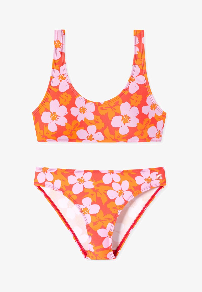 Blühendes Bikini-Set mit floralem Muster, das große rosa und orange Blumen auf einem leuchtend orangefarbenen Hintergrund zeigt. Glattes, dehnbares Material.