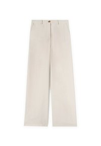 Beigewijde pijpen broek van lichtgewicht stof, met voorzakken, een knoopsluiting en een gladde textuur.