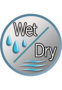 Sirkulært ikon med en gradient bakgrunn. Har blå vanndråper til venstre merket "Våt" og blå bølgelinjer til høyre merket "Tørr."