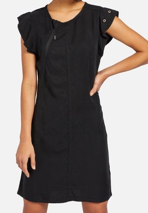 Zwarte jurk met korte gerimpelde mouwen, een ronde hals en een rits aan de voorkant. De stof heeft een gladde textuur met subtiele stiksel details.