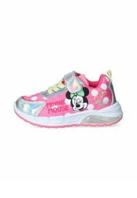 Sneaker rosa per bambini con strap in velcro, caratterizzate da una grafica di Minnie Mouse, pois bianchi e dettagli iridescenti lucidi.