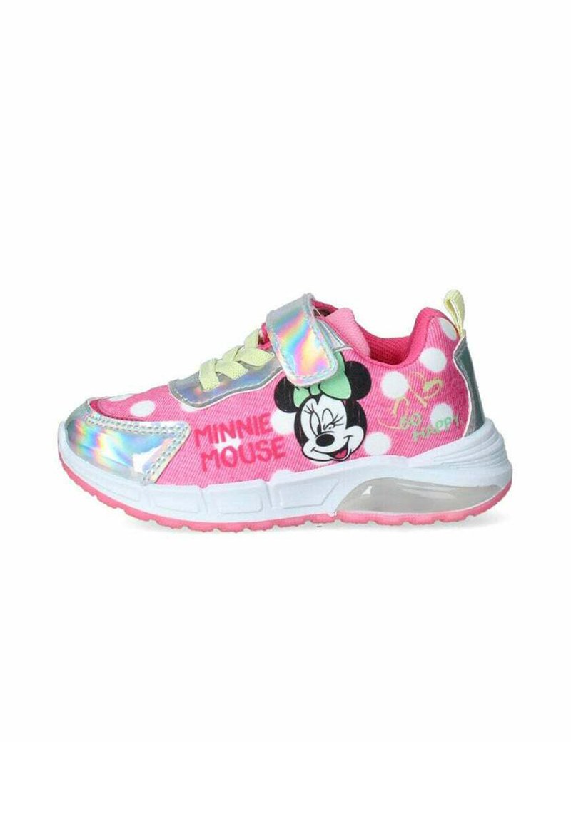 Sneaker rosa per bambini con strap in velcro, caratterizzate da una grafica di Minnie Mouse, pois bianchi e dettagli iridescenti lucidi.