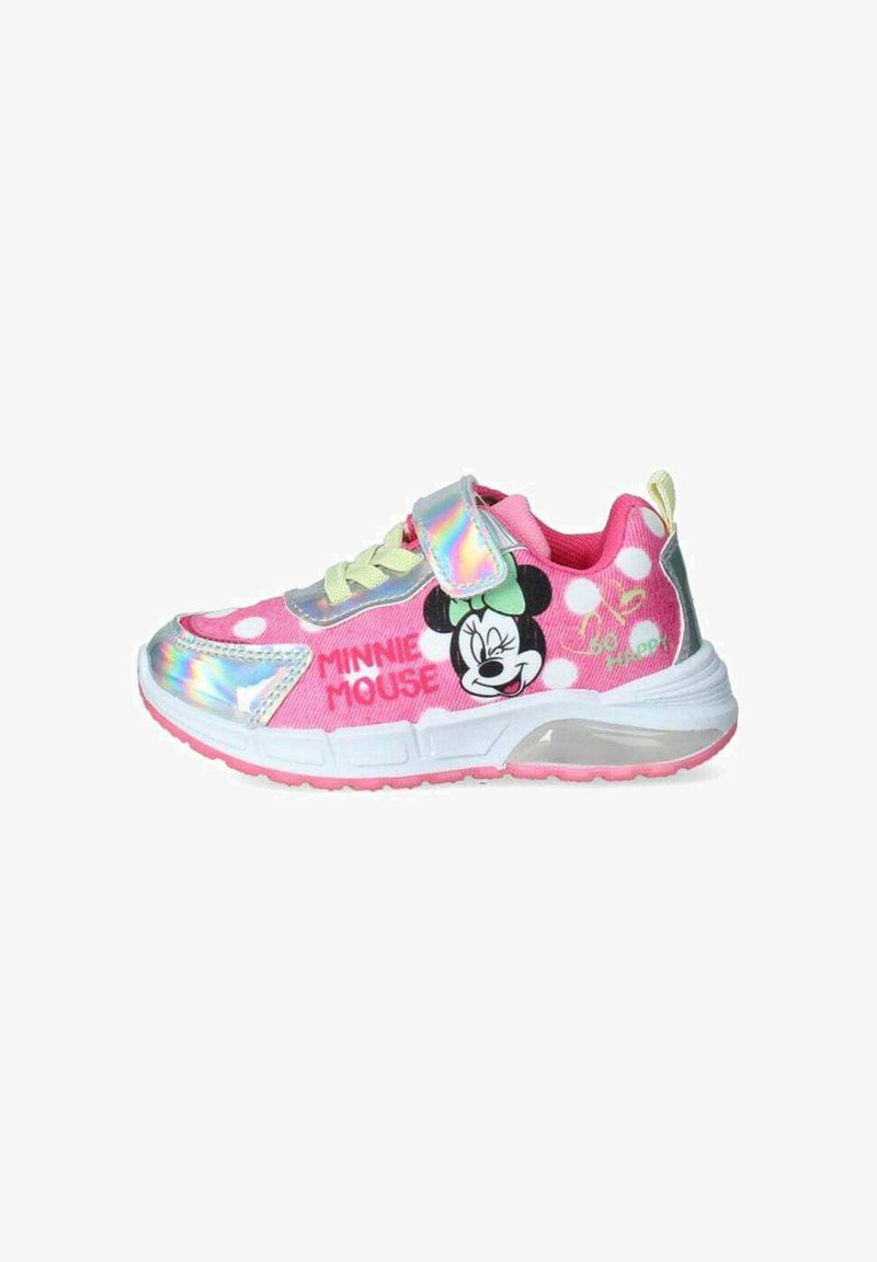 Sneaker rosa per bambini con strap in velcro, caratterizzate da una grafica di Minnie Mouse, pois bianchi e dettagli iridescenti lucidi.