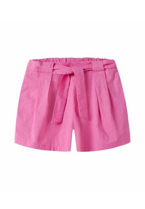 Rosa høytaljede shorts med stoffbelte bundet i en knute, legg foran og elastisk midjebånd bak.