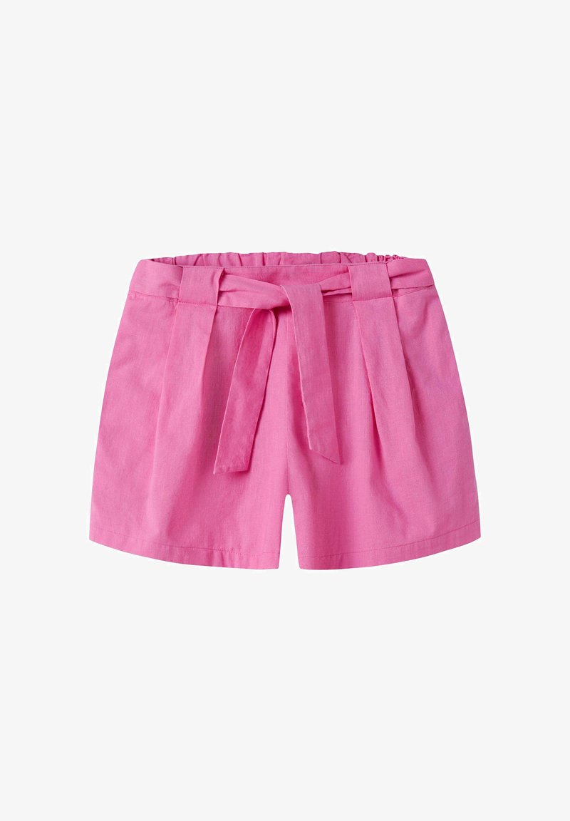Rosa Shorts mit hoher Taille, einem aus Stoff gefertigten Gürtel, der zu einem Knoten gebunden ist, Falten vorne und einem elastischen Bund auf der Rückseite.
