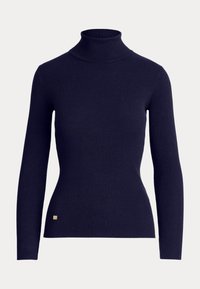 Pull en maille côtelée bleu marine avec col roulé, manches longues et silhouette ajustée. Présente un petit logo près de l'ourlet.