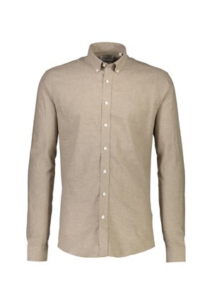 Beżowa koszula z długim rękawem zapinana na guziki, wykonana z teksturowanej tkaniny. Posiada klasyczny kołnierzyk i białe guziki z przodu.