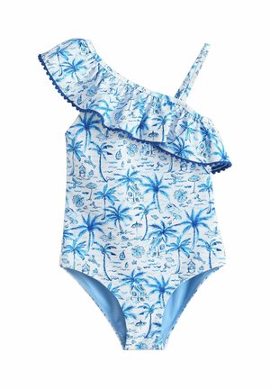 Ein schulterfreier blau-weißer Badeanzug mit tropischem Palmen- und Strandszene-Druck, der einen gerafften Halsausschnitt mit Pompon-Verzierung aufweist.