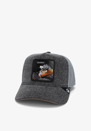 Gray trucker cap with a textured fabric front, featuring a colorful snake graphic on a black patch and mesh back. Adjustable strap included.