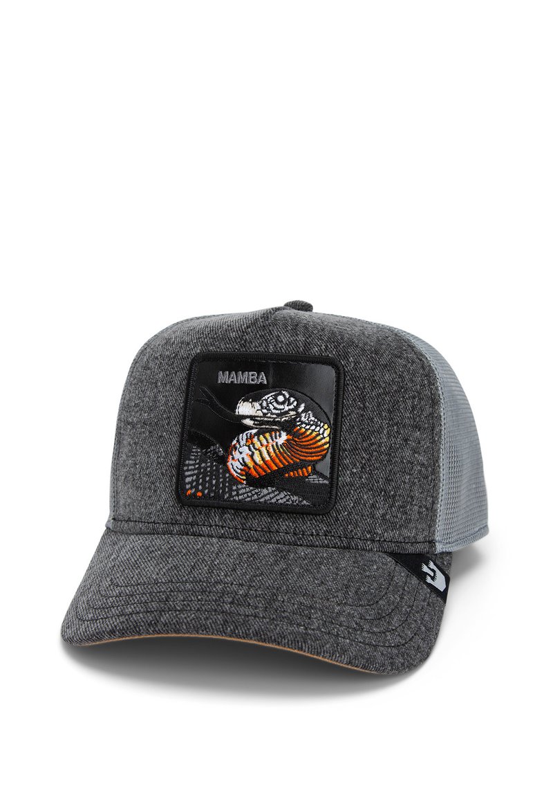 Gray trucker cap with a textured fabric front, featuring a colorful snake graphic on a black patch and mesh back. Adjustable strap included.