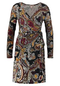 Vestido envolvente de manga larga con base negra y un intrincado patrón de paisley en tonos burdeos, mostaza, blanco y naranja.