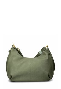 Bolso hobo verde oliva hecho de material texturizado, con herrajes dorados y una correa desmontable. Forma ancha con un diseño suave y caído.