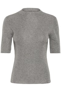 Γκρι μπλούζα με κοντά μανίκια, στρογγυλεμένος λαιμός, πλεκτό ύφασμα με ομαλή υφή. Απλός σχεδιασμός χωρίς σχέδια ή εμφανείς μεταλλικές λεπτομέρειες.