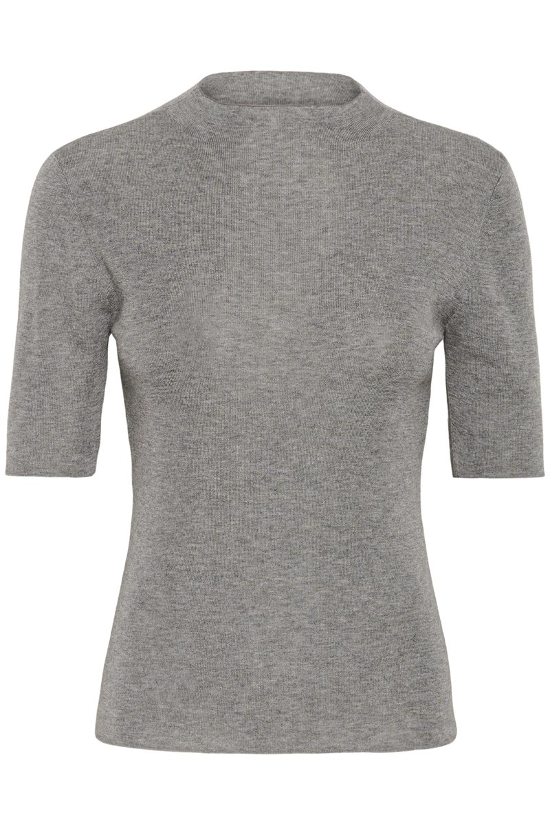 Top grigio a maniche corte, scollo arrotondato, tessuto a maglia con una texture liscia. Design semplice senza motivi o dettagli hardware evidenti.