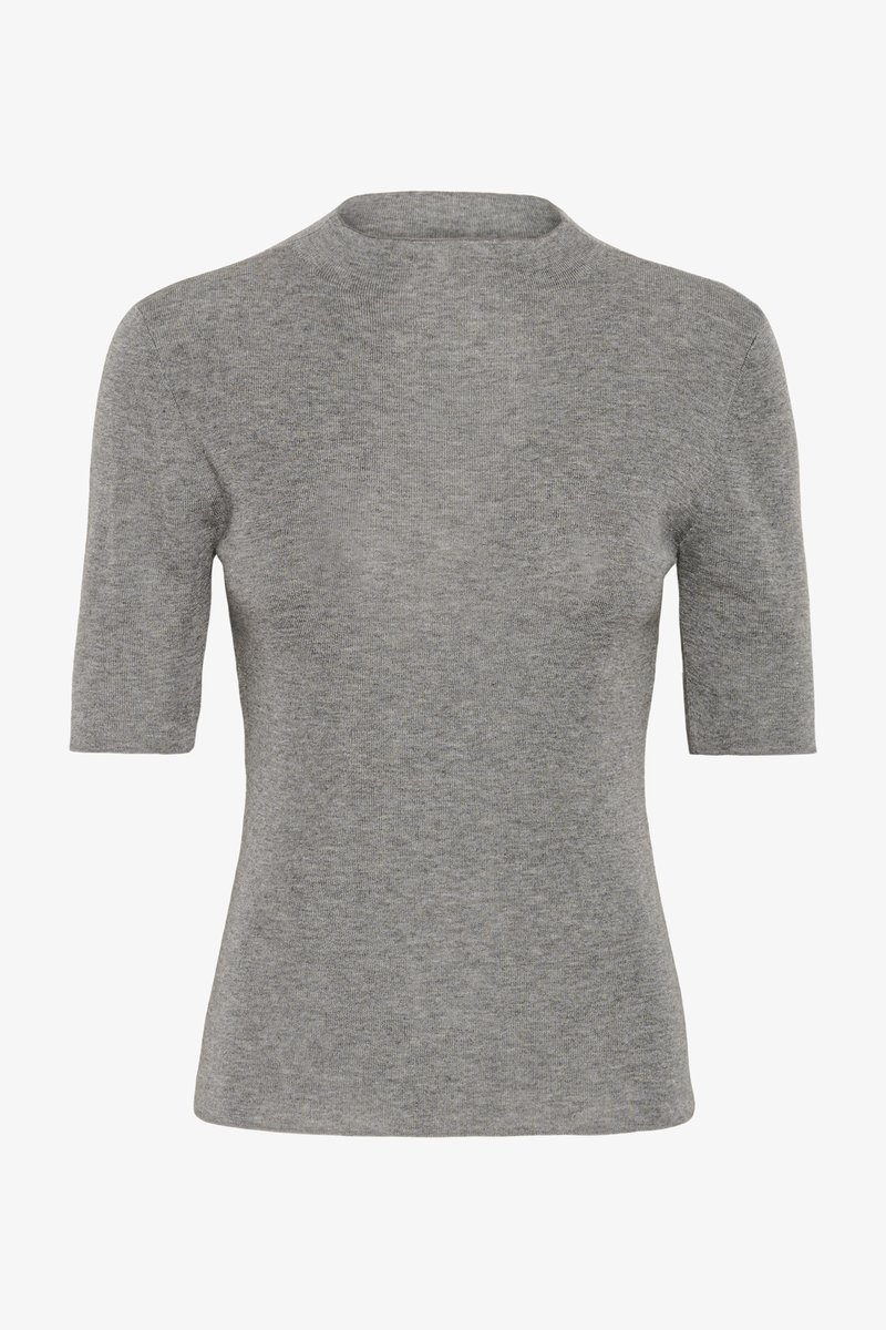 Top grigio a maniche corte, scollo arrotondato, tessuto a maglia con una texture liscia. Design semplice senza motivi o dettagli hardware evidenti.