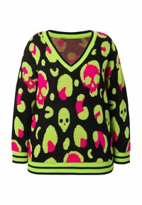 Strickpullover mit V-Ausschnitt, schwarzem Grundton und neonfarbenen grünen sowie pinken Totenkopf-Mustern, dazu gestreifte Rippbündchen und Saum.