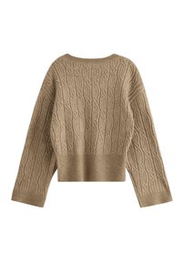 Maglione a maglia beige con un design a trecce testurizzato, lunghezza cropped e polsini e orlo a coste. Materiale morbido con una finitura liscia.