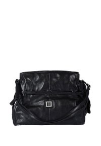 Borsa a tracolla in pelle nera con una texture morbida, dotata di una tasca frontale, tracolla regolabile e dettaglio logo in tonalità argento.