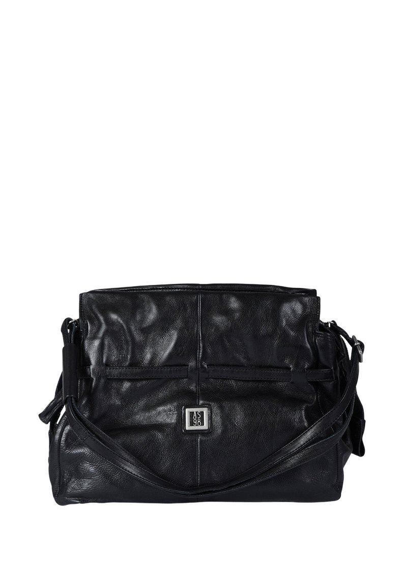 Borsa a tracolla in pelle nera con una texture morbida, dotata di una tasca frontale, tracolla regolabile e dettaglio logo in tonalità argento.