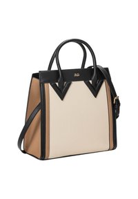 Gestructureerde handtas in textuurcrème, zwart en tan leer. Bevat contrasterende hoekige accenten, dubbele bovenhandvatten en een afneembare schouderriem.