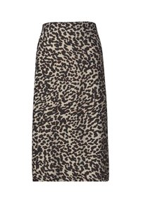 Jupe longueur genou avec un motif léopard irrégulier noir et marron sur fond beige.