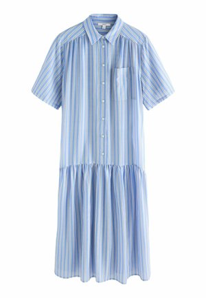 Knappar skjortklänning i ljusblått tyg med vertikala vita och gula ränder. Har korta ärmar och en rynkad nederdel.