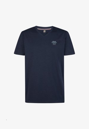 Navy blue short-sleeve V-neck T-shirt with small light blue “Petrol & Ind. Co.” logo on the left chest.