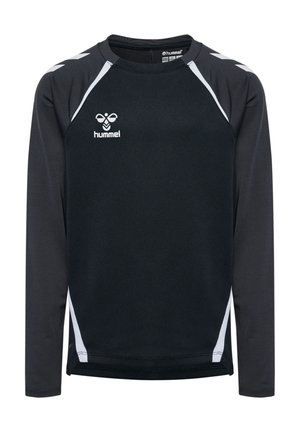 Sort langærmet skjorte lavet af åndbart stof, med hvide accenter på skuldre og sider, samt et logo på brystområdet.