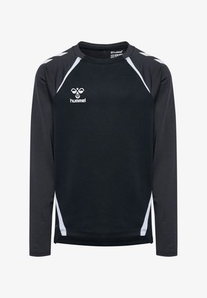 Czarna koszula z długim rękawem, wykonana z oddychającego materiału, z białymi akcentami na ramionach i bokach, z logo na wysokości klatki piersiowej.